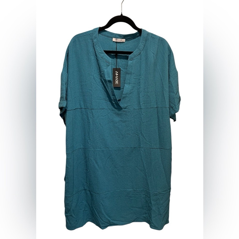 Al’MAGE Teal V-Neck Short Sleeve Beach Cover up Dress - Picture 5 of 6